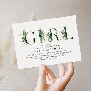 Invitation Fête de naissance de bébé fille Tropical Vert Bota