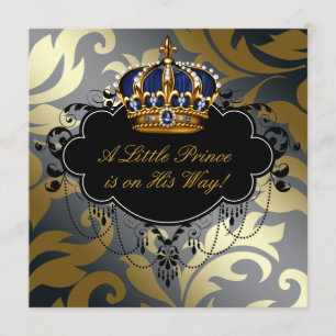 Invitation Fête de naissance de bébé garçon bleu noir or Prin