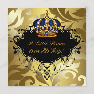 Invitation Fête de naissance de bébé garçon bleu noir or Prin