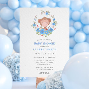 Invitation Fête de naissance de bébé garçon Singe Bleu Floral