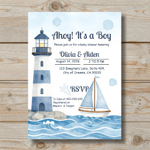 Invitation Fête de naissance de bébé phare nautique C'est un 