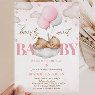 Invitation Fête de naissance de fille ours endormi Boho rose