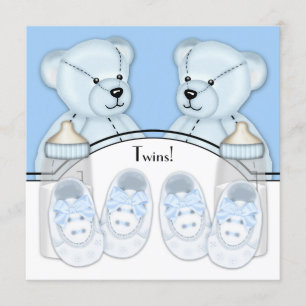 Invitation Fête de naissance de jumeaux garçons Ourson Teddy 