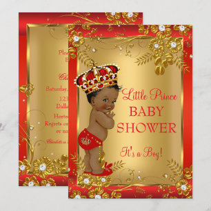 Invitation Fête de naissance de prince bébé rouge or afro-amé