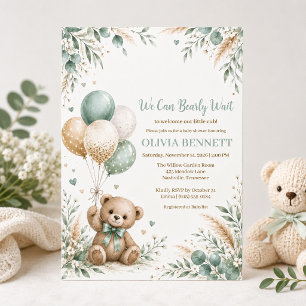 Invitation Fête de naissance de Teddy Bear Vert Sauge