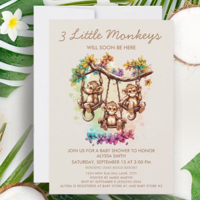 Invitation Fête de naissance de triplés 3 Petits Singes (Créateur téléchargé)