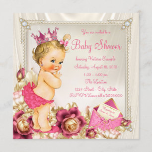 Invitation Fête de naissance Diamonds Pearls Satin Rose Princ