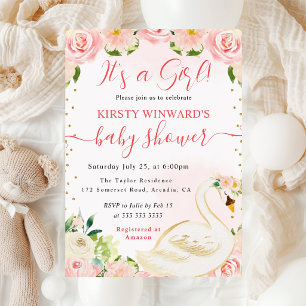 Invitation Fête de naissance élégante aux fleurs et cygne en