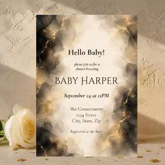 Invitation Fête de naissance élégante noire et or neutre