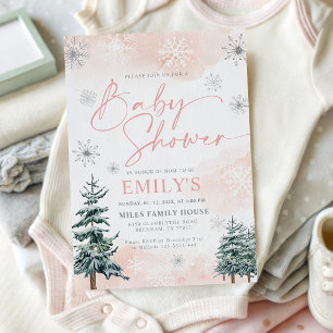 Invitation Fête de Naissance Elégante Rose Hiver