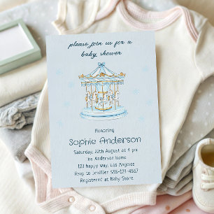 Invitation Fête de naissance élégante vintage carrousel bleu 