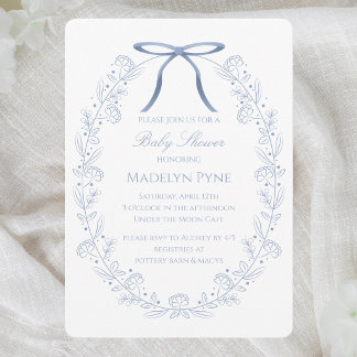 Invitation Fête de Naissance Élégants Rubans Bleus & Fleurs