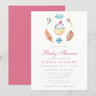 Invitation Fête de naissance fille aquarelle bohème poussin o