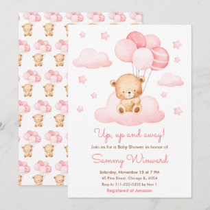 Invitation Fête de Naissance Fille Ballon Rose Up Up and Away