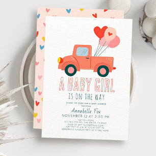 Invitation Fête de naissance fille Ballons Camion Rose