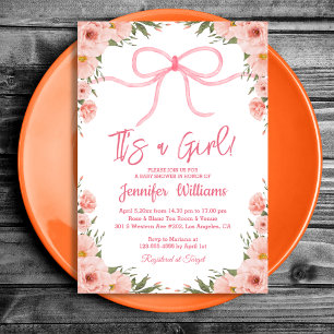 Invitation Fête de naissance Fille Bébé Fleurs Aquarelle Ruba