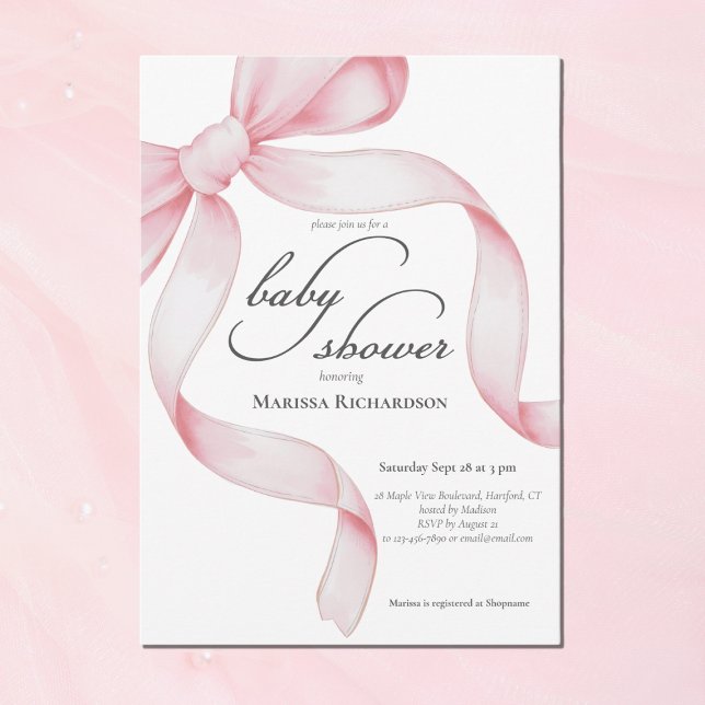Invitation Fête de Naissance Fille Élégante Rose Coquette (chic pink coquette bow baby girl shower invitation with script calligraphy, elegant parisian style)