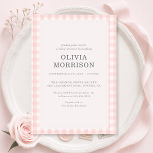 Invitation Fête de Naissance Fille Gingham Rose