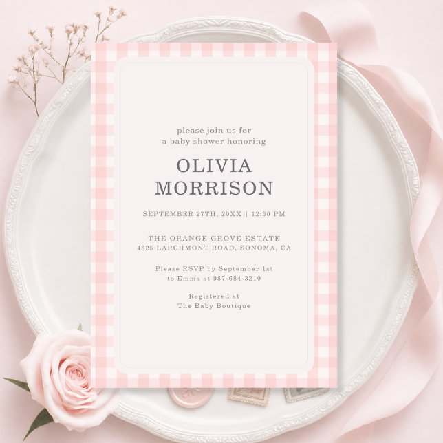 Invitation Fête de Naissance Fille Gingham Rose (Créateur téléchargé)