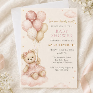 Invitation Fête de naissance Fille Ourson Rose