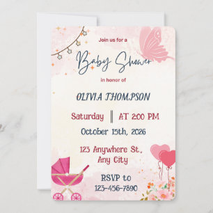 Invitation Fête de naissance fille Papillon Rose et Poussette