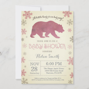 Invitation Fête de naissance fille rose ours polaire hiver fl