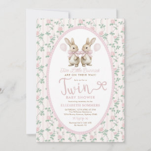 Invitation Fête de Naissance Fille Roses Roses Lapin Jumelles