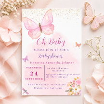 Fête de naissance Fleur rose aquarelle papillon 