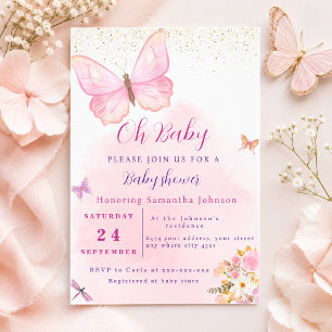 Invitation Fête de naissance Fleur rose aquarelle papillon 