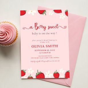 Invitation Fête de naissance Fleurie Baie Douce Rose Fraise B