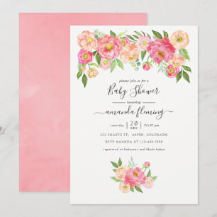 Invitation Fête de Naissance Fleurs de Pivoines Aquarelle Ros