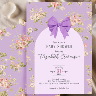 Invitation Fête de naissance Fleurs Élégantes Ruban Violet Fé