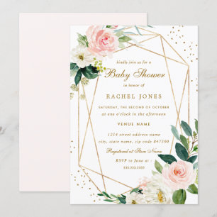 Invitation Fête de naissance fleurs géométriques rose et or