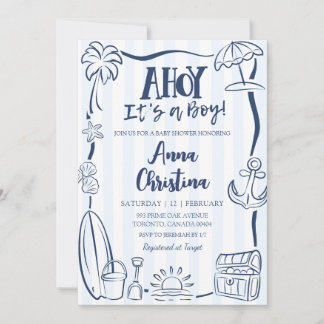 Invitation Fête de naissance garçon Ahoy Bleu Poussiéreux Qur
