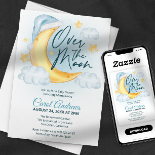 Invitation Fête de Naissance Garçon Aquarelle Over The Moon