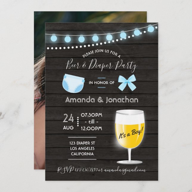 Invitation Fête de naissance garçon Beer and Diaper ambiance  (Devant / Derrière)
