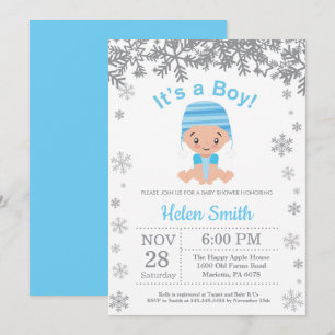 Invitation Fête de naissance garçon bleu hivernal Flocon de n
