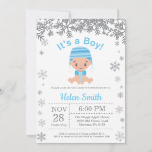 Invitation Fête de naissance garçon bleu hivernal Flocon de n