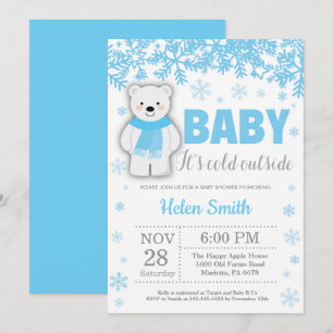 Invitation Fête de naissance garçon bleu ours polaire hiver f