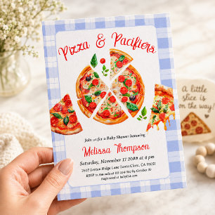 Invitation Fête de naissance garçon gingham bleu Pizza et Tét
