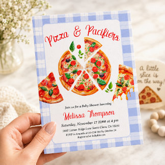 Invitation Fête de naissance garçon gingham bleu Pizza et Tét