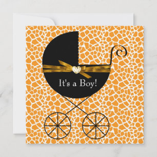 Invitation Fête de Naissance Garçon Girafe Carrosse Brun Doré