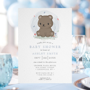 Invitation Fête de naissance garçon ours brun aquarelle simpl
