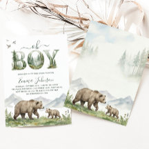 Fête de Naissance Garçon Ourson Aquarelle Forêt