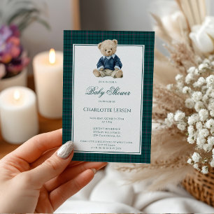 Invitation Fête de naissance garçon ourson polo vert vintage