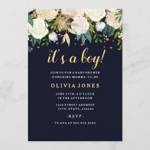 Invitation Fête de naissance garçon paillettes florales marin