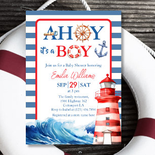 Invitation Fête de Naissance Garçon Thème Marin Bleu Rouge Fa