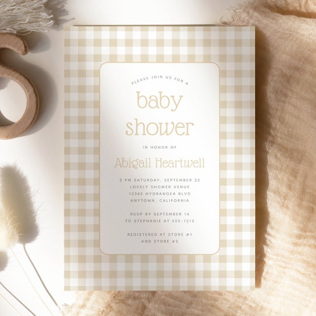 Invitation Fête de Naissance Gingham Beige Neutre (Créateur téléchargé)