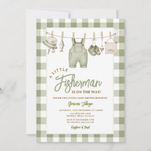 Invitation Fête de naissance Gingham Vert Sauge pour Pêcheur