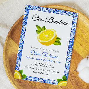 Invitation Fête de naissance Italian Blue Tile Ciao Bambino